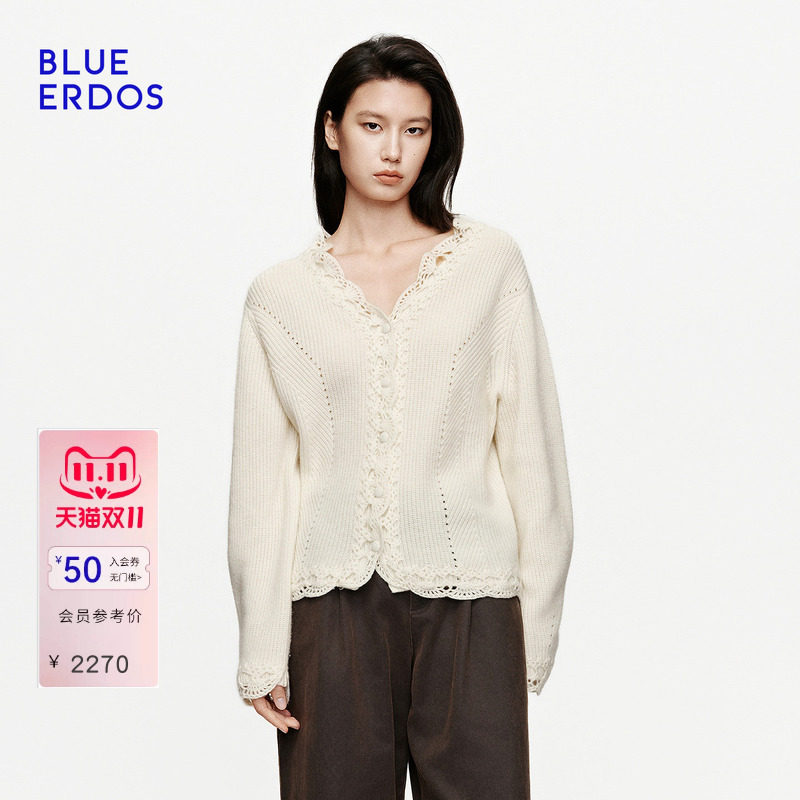 BLUE ERDOS2026秋冬新品温柔氛围感羊毛羊绒混纺V领长袖针织开衫