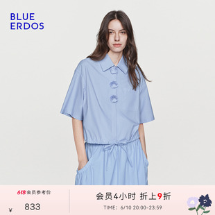 【100%棉】BLUE ERDOS26夏季新品松弛感立体小花抽绳收腰短袖衬衫