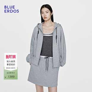 松弛感蝙蝠袖 ERDOS26早春新品 BLUE 宽松连帽拉链卫衣 100%棉