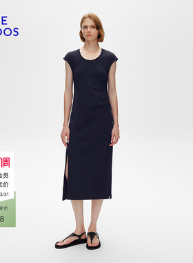 BLUE ERDOS春季复古纯棉圆领开衩设计A字连衣裙B255D7003