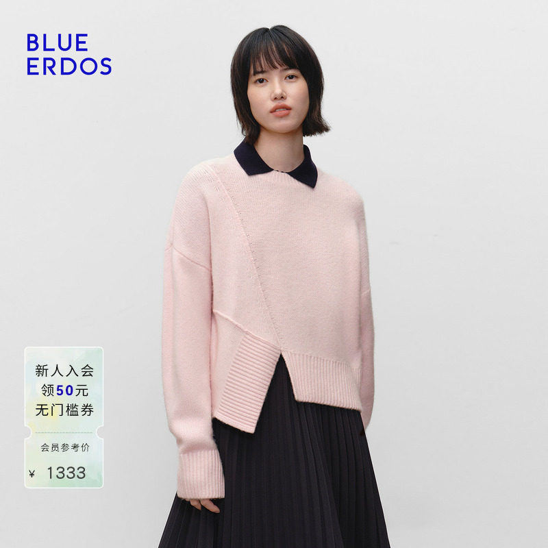 BLUE ERDOS 冬季新品时尚简约羊毛羊绒不规则设计圆领女针织衫