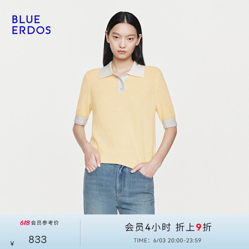 【100%山羊绒】BLUE ERDOS 2026夏季新品小翻领羊绒衫女半袖套衫