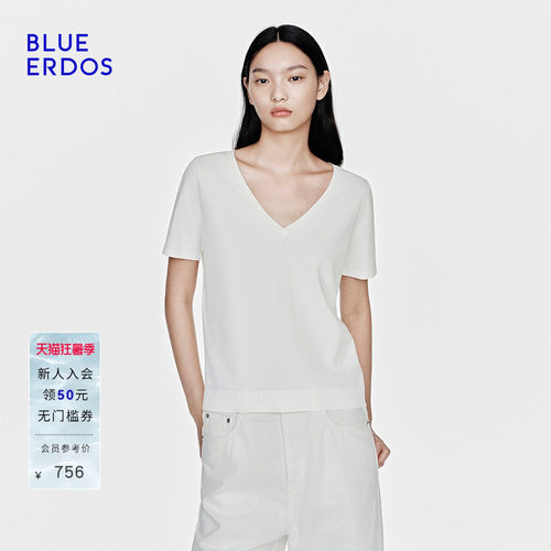 BLUE ERDOS2026早春新品休闲百搭V领显瘦半袖T恤女B2265A082