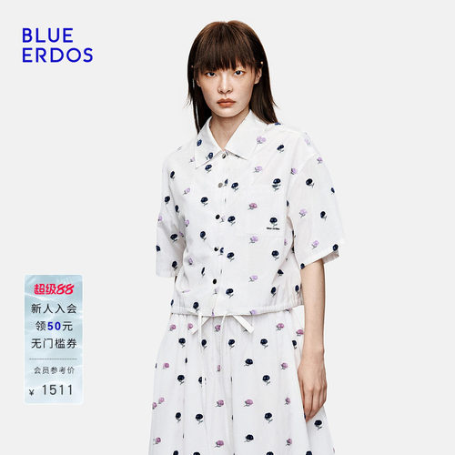 BLUE ERDOS2026秋季新品清新松弛花卉刺绣抽绳下摆翻领短袖衬衫女