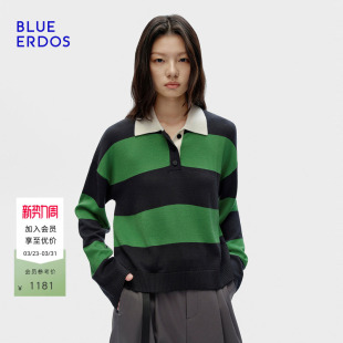 复古学院风Polo领绿灰条纹女套衫 BLUE 新品 春季 B256D0008 ERDOS