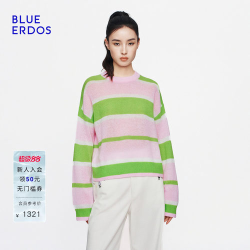 【空气羊绒】BLUE ERDOS2026秋冬新品元气感撞色条纹圆领针织套衫