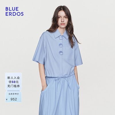 【100%棉】BLUE ERDOS26夏季新品松弛感立体小花抽绳收腰短袖衬衫