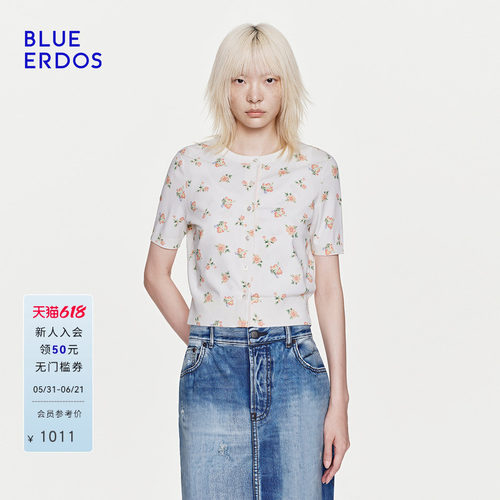 BLUE ERDOS2026夏季新品休闲元气感花卉印花正肩圆领短袖开衫女