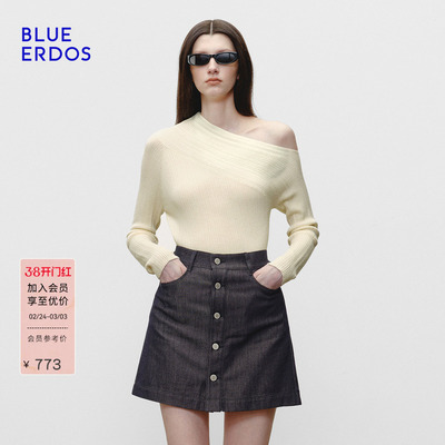 BLUE ERDOS 春季新品质感简约羊毛混纺一字领斜肩修身女针织衫