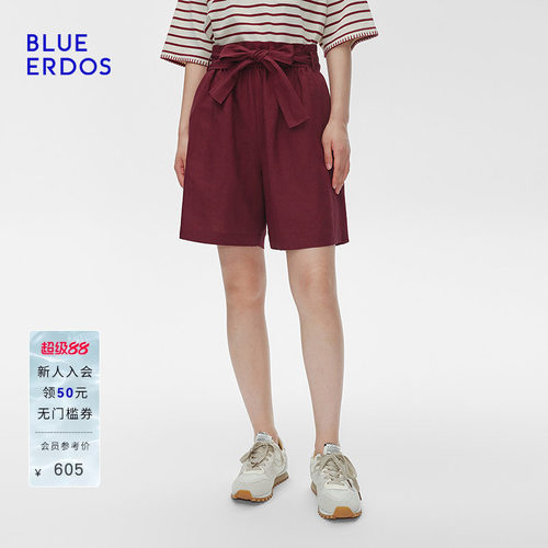 BLUE ERDOS春夏荷叶边松紧腰亚麻混纺可露丽风短裤B255M5008