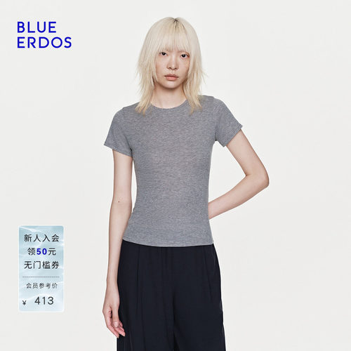 BLUE ERDOS26早春新品简约通勤绵羊毛混纺修身圆领短袖T恤女