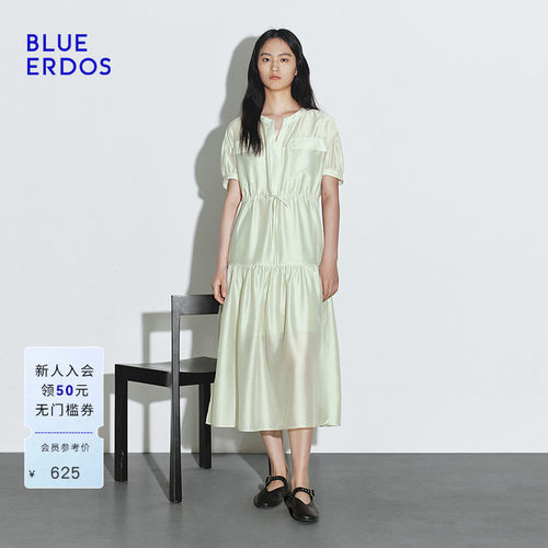 BLUE ERDOS 夏季简约小V领抽绳设计衬衫式泡泡袖连衣裙B245I4045