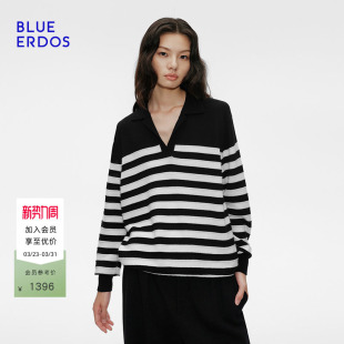B255A0008 宽松条纹翻领羊毛混纺航海风针织衫 BLUE ERDOS春季