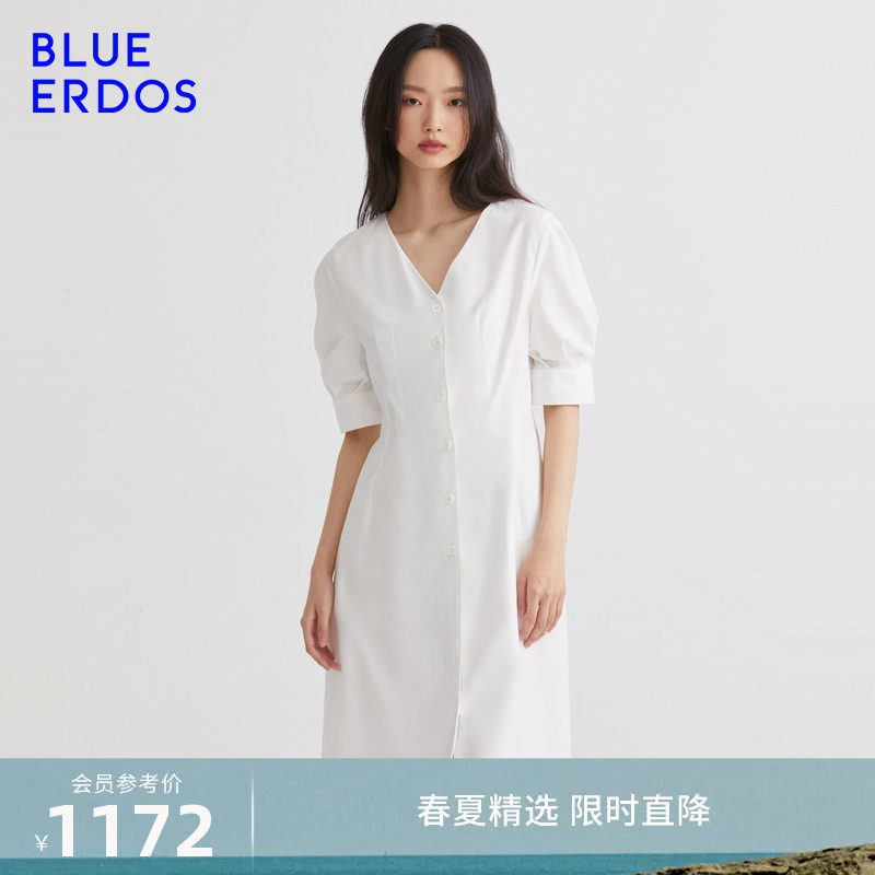 23春夏新款 BLUE ERDOS女装法式优雅单排扣V领半袖中长款连衣裙高性价比高么？
