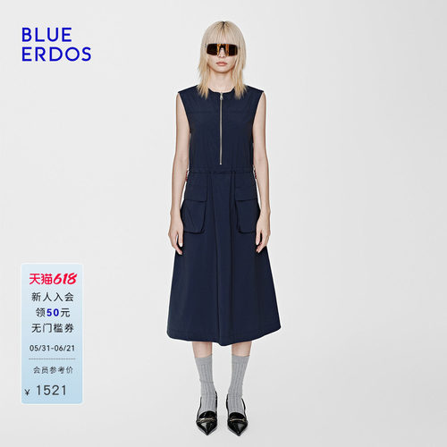 BLUE ERDOS26夏季新品简约休闲海军蓝无袖长款连衣裙女B2265I019