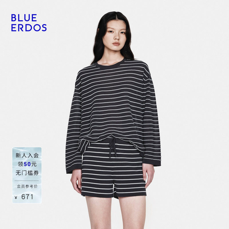 BLUE ERDOS 26秋季套装精纺圆领夹条女休闲宽松条纹时尚套衫/短裤