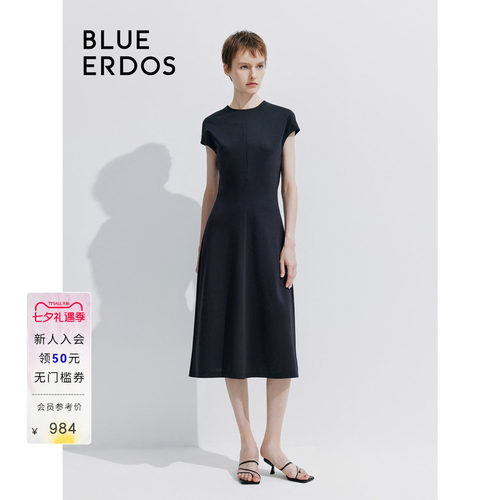 BLUE ERDOS 新款简约圆领纯色中长款短袖连衣裙B245D7029