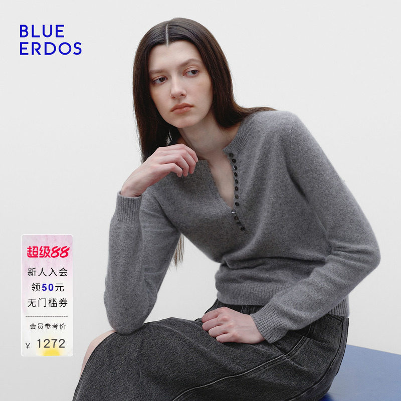 【明星同款】BLUE ERDOS秋季格雷系山羊绒混纺半开圆领羊绒衫女图片