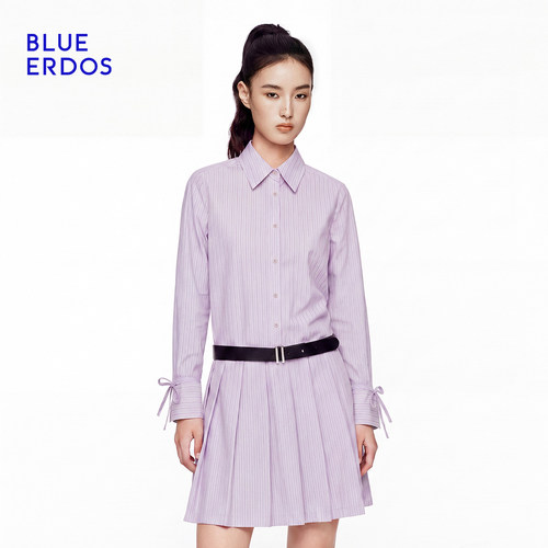 BLUE ERDOS2026秋季新品温柔松弛桑蚕丝混纺条纹风琴褶长袖衬衣裙