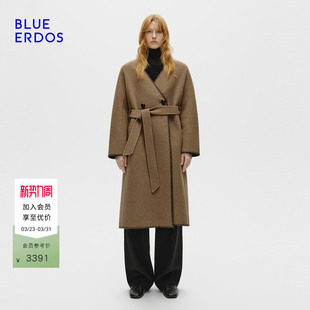 ERDOS早春新品 BLUE 复古摩登棕茶色无领大衣外套 100%绵羊毛