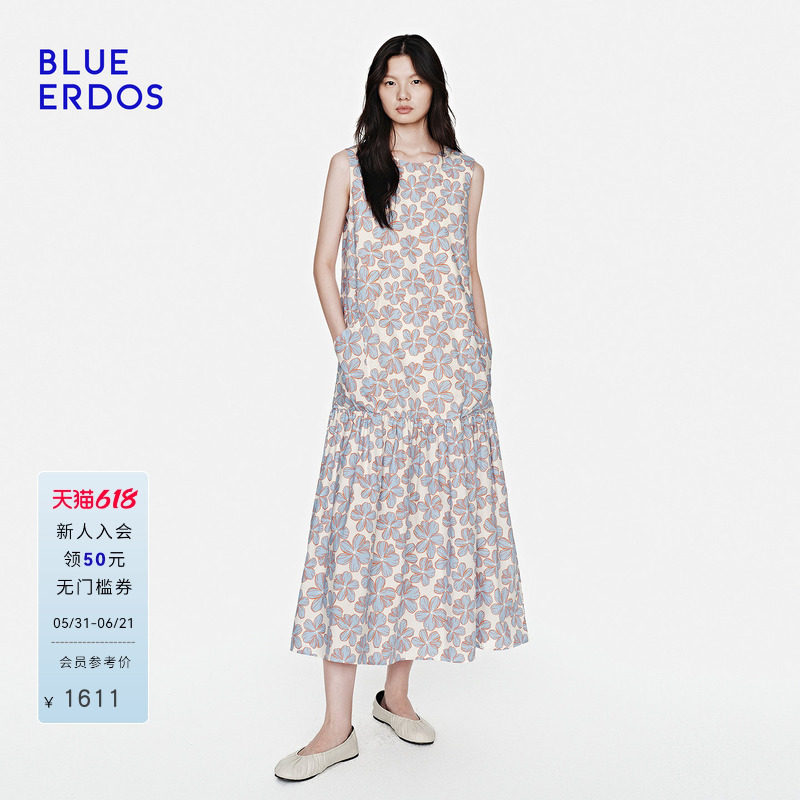 【100%棉】BLUE ERDOS2026夏季新品度假风印花褶饰下摆无袖连衣裙