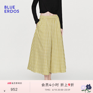 BLUE ERDOS2026夏季新品休闲百搭棉混纺文艺度假风松紧腰格纹裙裤