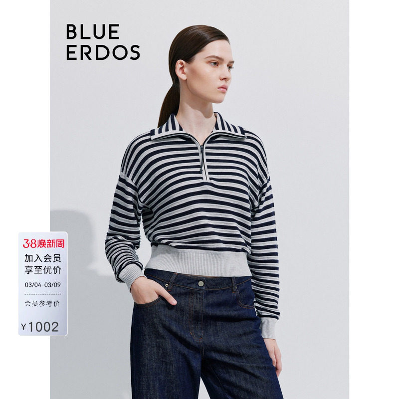 BLUE ERDOS复古翻领翻花夹条棉羊绒精纺套衫B245D0009