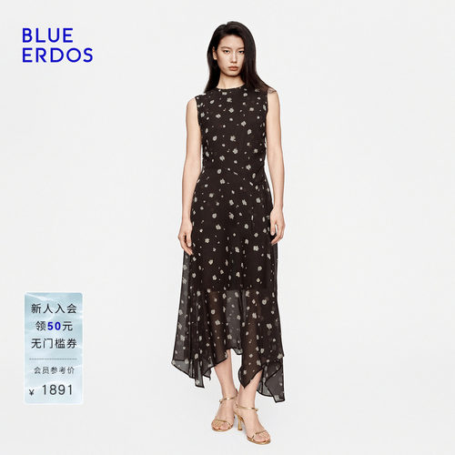 【100%桑蚕丝】BLUE ERDOS2026秋季新品慵懒碎花抽褶收腰无袖长裙