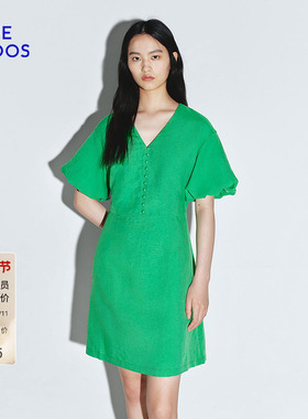 BLUE ERDOS 春季复古简约果绿色V领泡泡袖A字连衣裙B245I4024