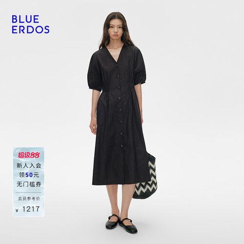 BLUE ERDOS夏季全棉V领五分袖气质连衣裙小黑裙女B255I3020