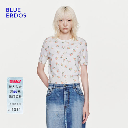 BLUE ERDOS2026夏季新品休闲元气感花卉印花正肩圆领短袖开衫女