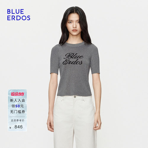 BLUE ERDOS2026秋季新品休闲简约肌理拼接字母提花修身圆领T恤女