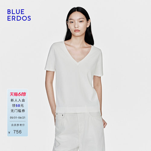 BLUE ERDOS2026早春新品休闲百搭V领显瘦半袖T恤女B2265A082