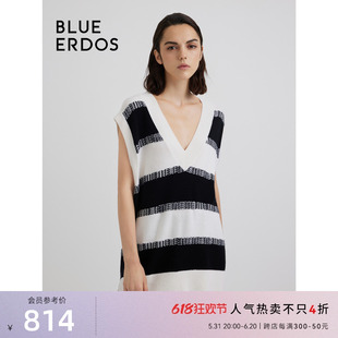 背心女 BLUE ERDOS秋冬宽松简约条纹羊绒混纺V领无袖