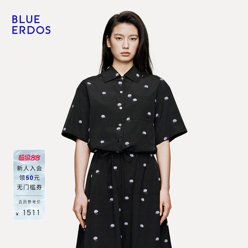 BLUE ERDOS2026秋季新品优雅黑底花卉刺绣抽绳下摆翻领短袖衬衫女