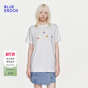 ERDOS26早春新品 BLUE 温柔风花朵刺绣LOGO圆领T恤女 100%棉