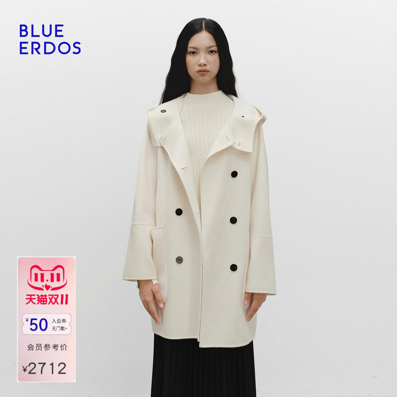 【明星同款】BLUE ERDOS秋季新100%绵羊毛连帽双排扣大衣外套女