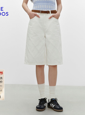 【100%棉】BLUE ERDOS冬季新品复古提花工艺白色牛仔中裤五分裤