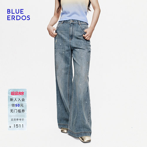 【100%棉】BLUE ERDOS2026秋冬新品通勤复古泼墨做旧直筒牛仔裤女