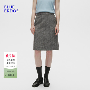 新品 ERDOS春季 BLUE 摩登复古人字纹后开叉半裙女 100%绵羊毛