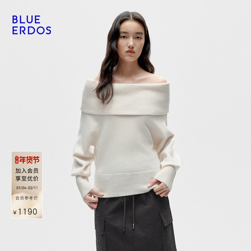 BLUE ERDOS冬季新品优雅率性羊毛羊绒翻领一字肩百搭针织衫女,女装/女士精品,羊绒衫,淘宝优惠券,粉丝福利购,淘宝优惠卷