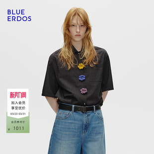 ERDOS 衬衫 春季 复古简约手钩花小翻领短袖 B256HB006 新品 BLUE