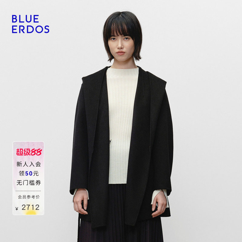 BLUE ERDOS2026秋冬新品优雅通勤羊毛羊绒混纺连帽围裹式短款大衣图片