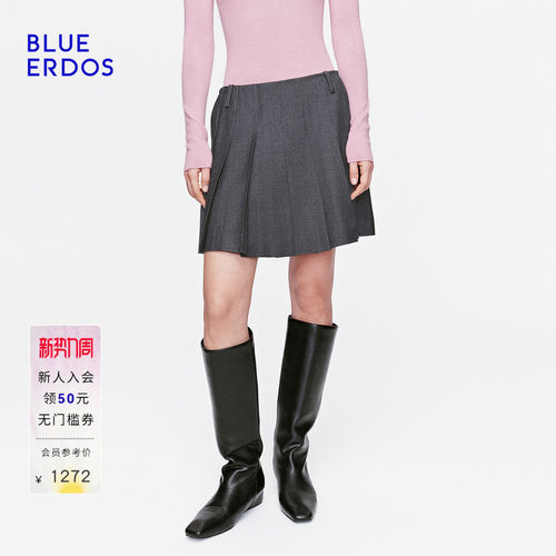BLUE ERDOS2026秋季新品通勤知性绵羊毛混纺中高腰百褶A字半裙女