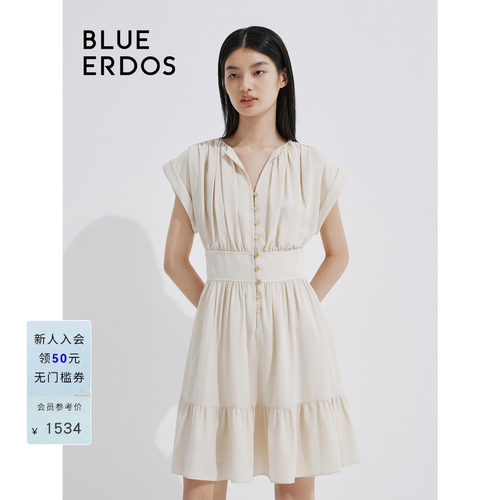 blueerdos褶皱短袖V领连衣裙