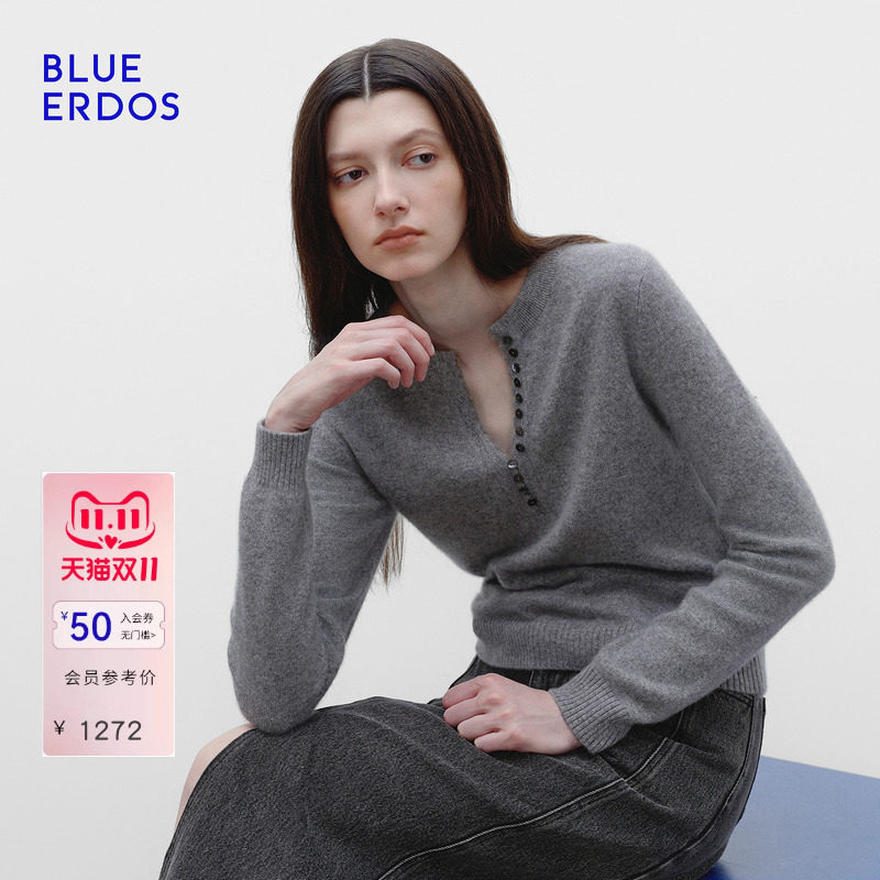 【明星同款】BLUE ERDOS秋季格雷系山羊绒混纺半开圆领羊绒衫女