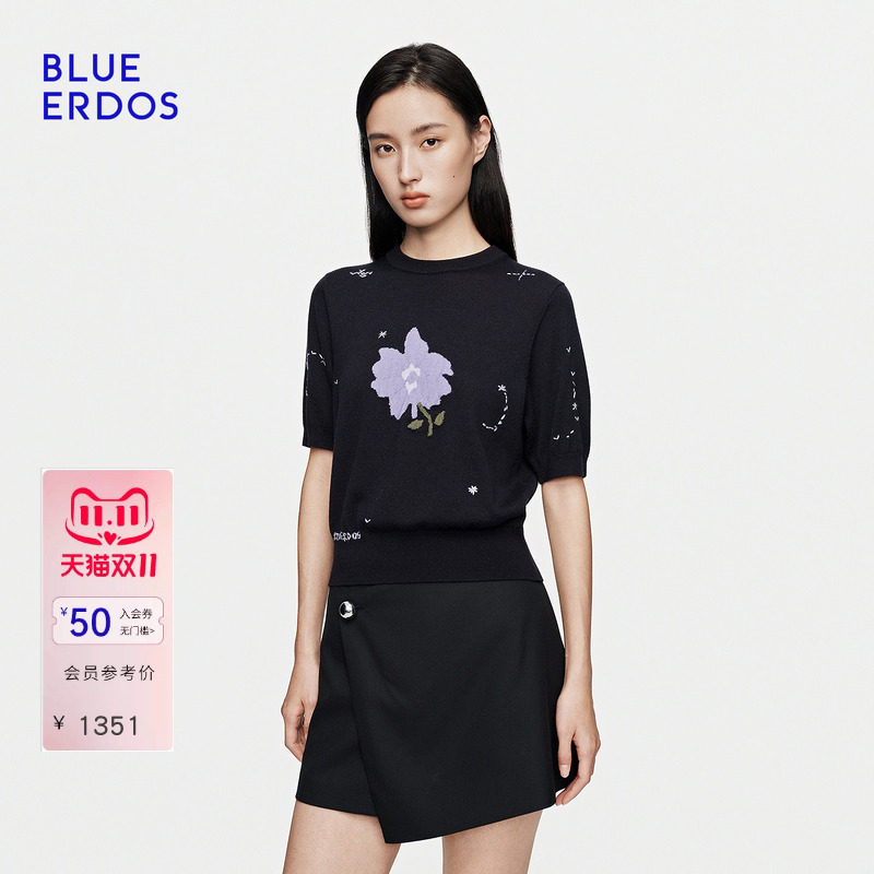 BLUE ERDOS2026秋冬新品圆领针织衫绵羊毛混纺复古设计感短上衣女