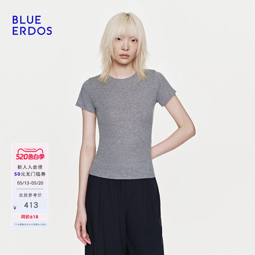 BLUE ERDOS26早春新品简约舒适绵羊毛混纺修身通勤百搭圆领短袖女