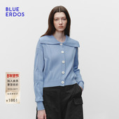 100%山羊绒简约翻领绞花开衫 女 ERDOS冬季 新品 孙千同款 BLUE
