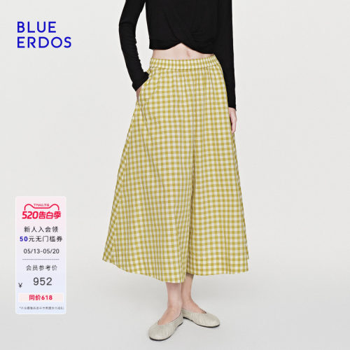 BLUE ERDOS2026夏季新品休闲百搭棉混纺文艺度假风松紧腰格纹裙裤